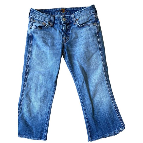 7 For All Man Kind Y2K Cropped Jeans Womens 26 Embroidered Pockets Raw  Hem Boho - Picture 3 of 13